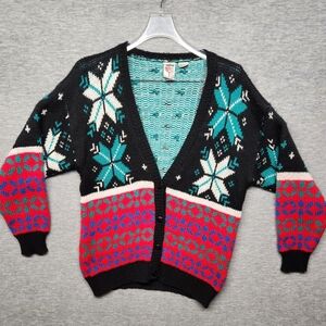 Vintage 80s Grandpa knit cardigan sweater geometric shapes snowflakes design LG